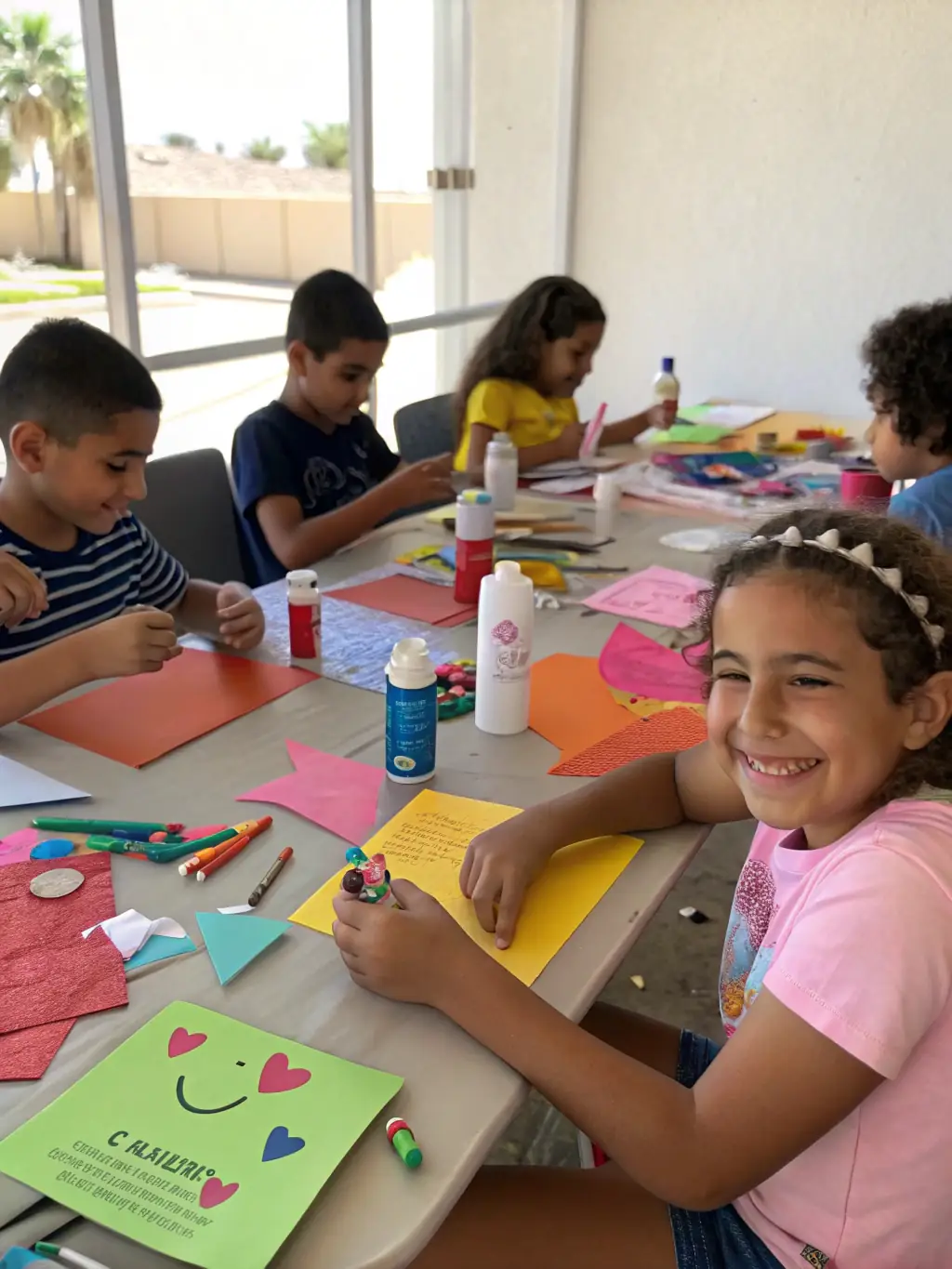 A vibrant photo of children participating in a puppet-making workshop, surrounded by colorful materials and tools, showcasing the hands-on learning experience offered by DIVADLO THEATRE ANIMATION.