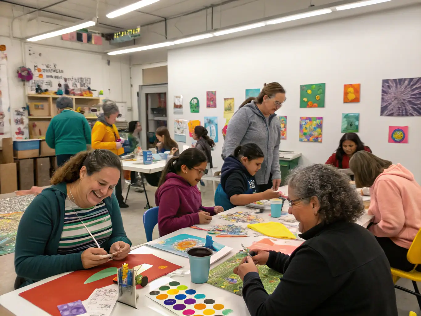 An image of participants crafting puppets in a bright, welcoming workshop space, with colorful puppets and tools visible.