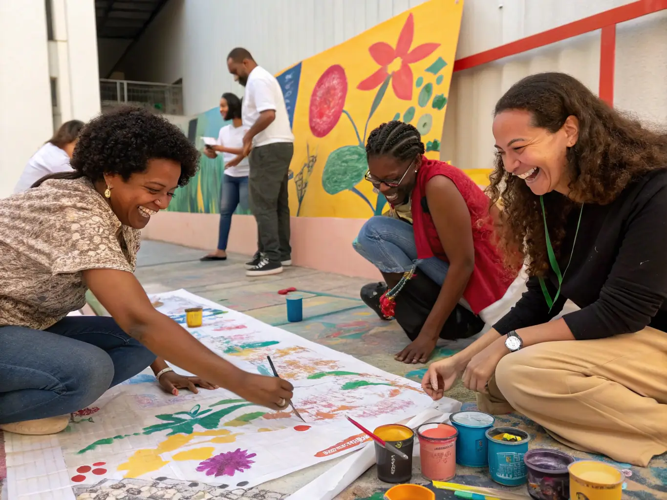 A group of people of different ages and backgrounds are joyfully participating in a community arts event, painting and creating together.