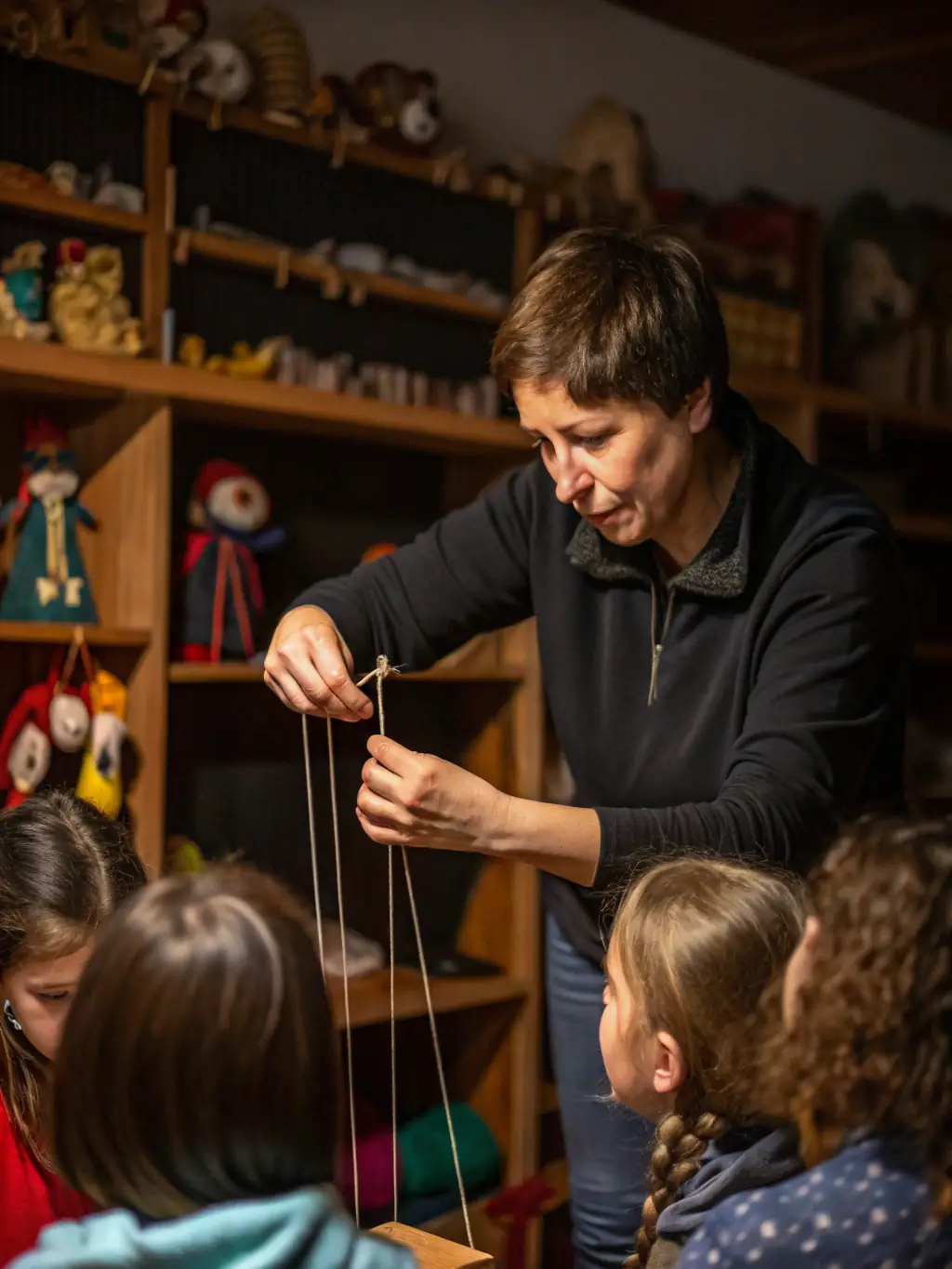 A picture of professional puppeteers training amateur artists in advanced manipulation techniques, demonstrating the skill development opportunities provided by DIVADLO THEATRE ANIMATION.